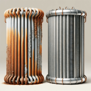 Photo illustration of a side-by-side comparison of two identical heat pump coils. On the left, a coil is covered in rust, symbolising neglect and poor maintenance. On the right, the coil is pristine and free of any liquid, representing optimal care and performance. The background is neutral to keep the focus on the coils.