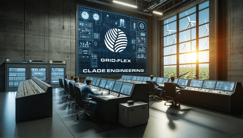 Imaginative depiction of a futuristic grid control room overseeing energy distribution, with the Clade Engineering logo displayed on a digital screen. Engineers of various descents work at state-of-the-art consoles against a backdrop of renewable energy sources, including wind turbines and solar panels, illustrating the company’s vision for sustainable and innovative grid flexibility solutions.